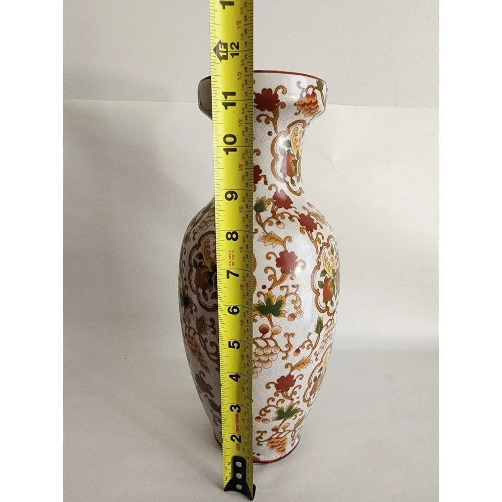 Vintage Chinese Crackle Glaze Porcelain Vase Grape Vine Floral Motif 12 Inch
